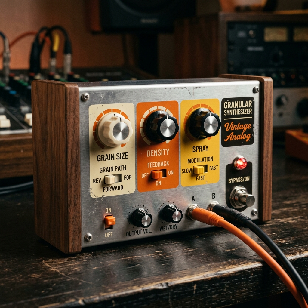 Granular Synthesizer hardware pedal: Brushed metal top, wooden sides, knobs for Grain Size, Density, Spray, audio cables connected